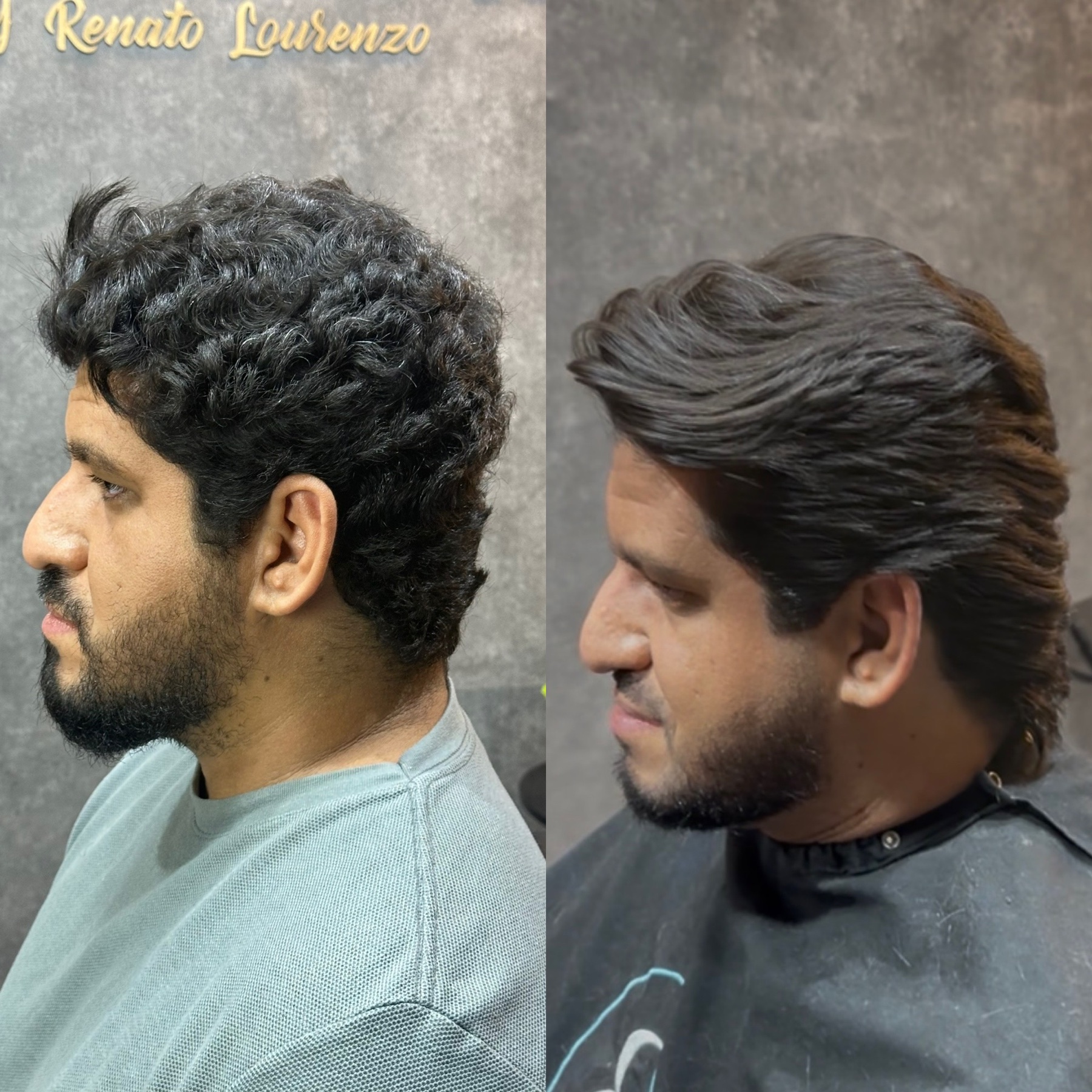 Antes e depois de uma transformação de corte, textura e posicionamento visual realizada por Renato.