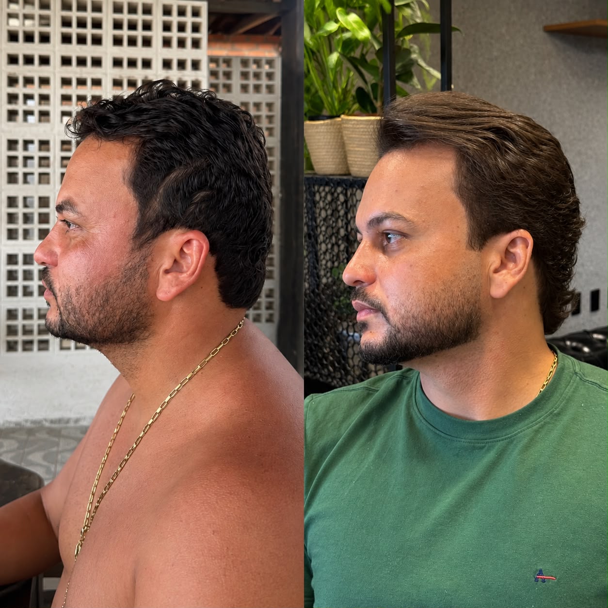 Antes e depois em perfil, destacando a transformação do volume do cabelo e do desenho da barba.