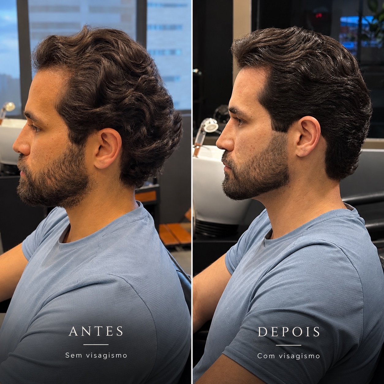 Antes e depois em perfil, mostrando o desenho do cabelo e da barba com visagismo.